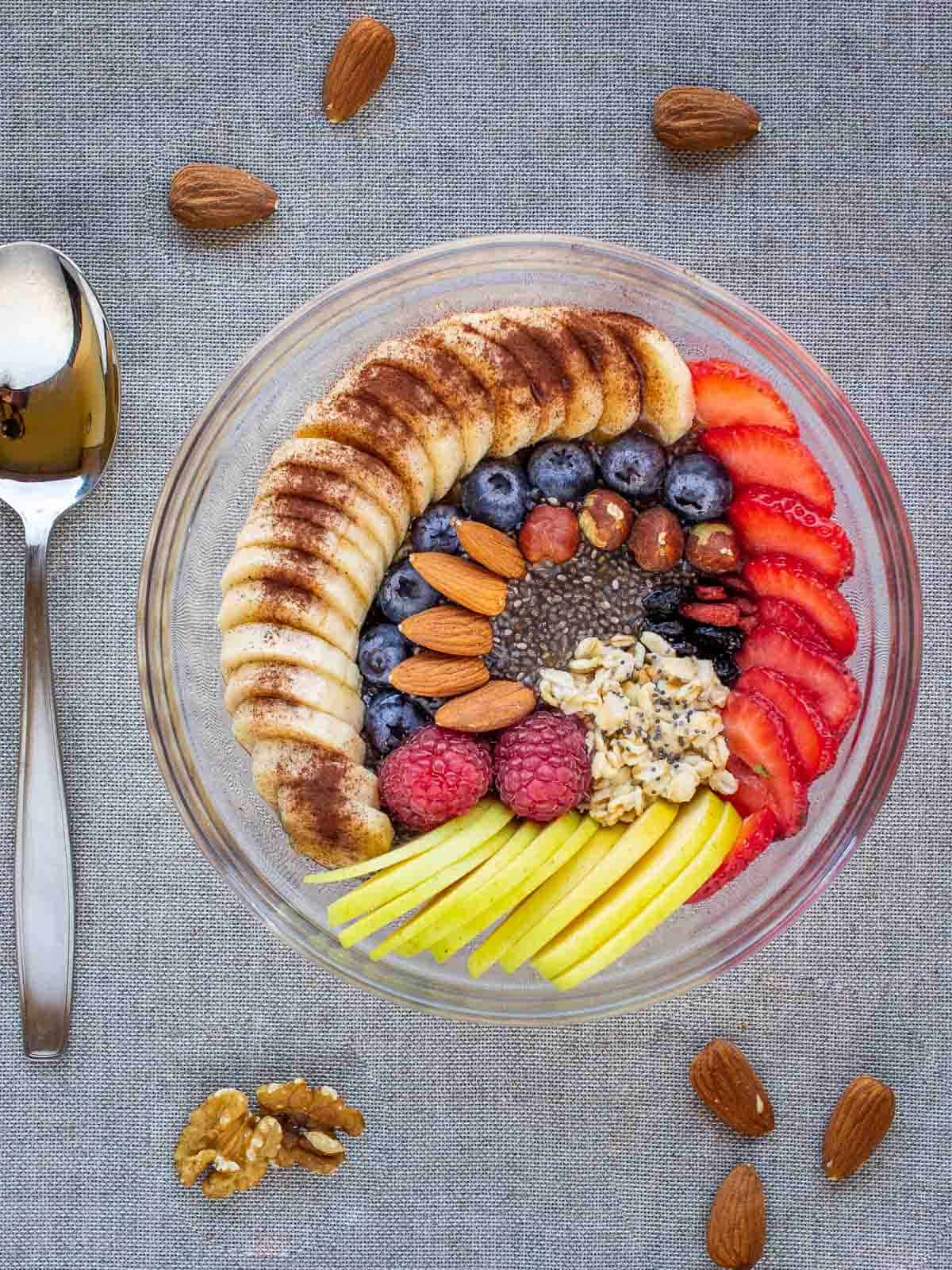 fruit bowl served with a spoon.