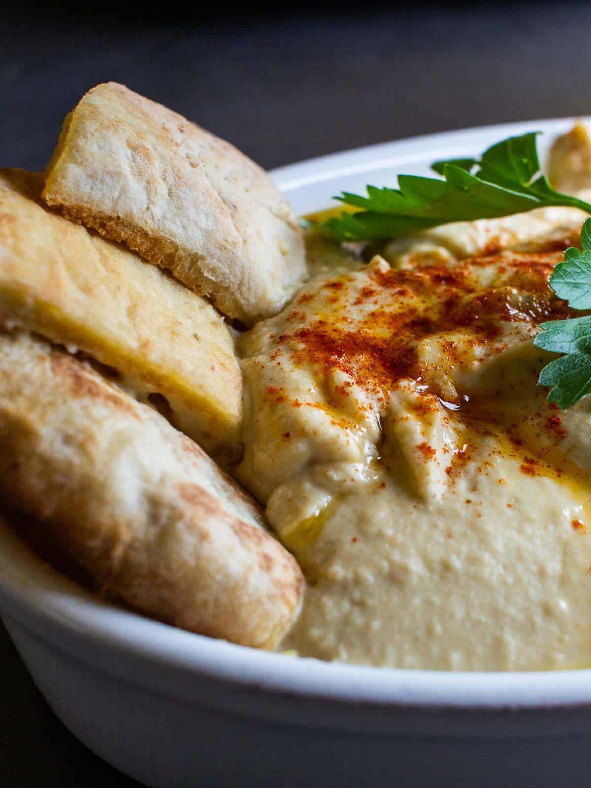 Hummus with pita chips.