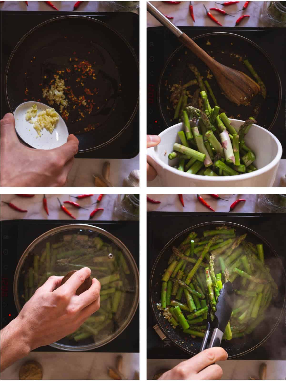 collage of four images, adding olive oil, red pepper flakes, minced garlic, and asparagus into a skillet and then closing with a lid