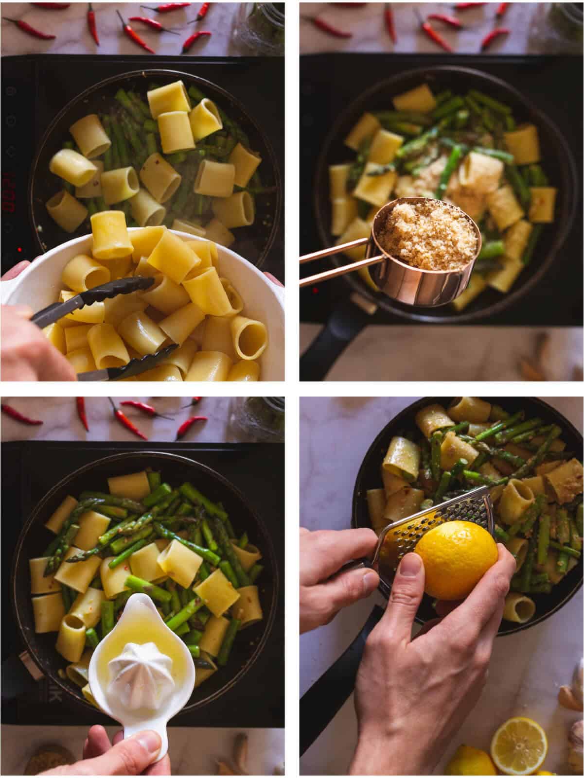 collage of four images, adding drained pasta into the skillet, followed by vegan parmesan, lemon juice and lemon zest