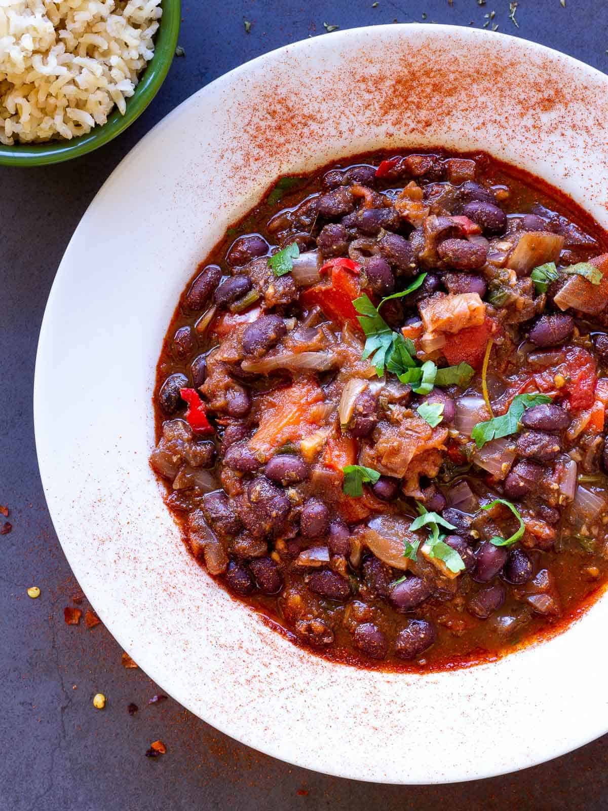 ultimate vegan chili sin carne served with steamed brown rice.