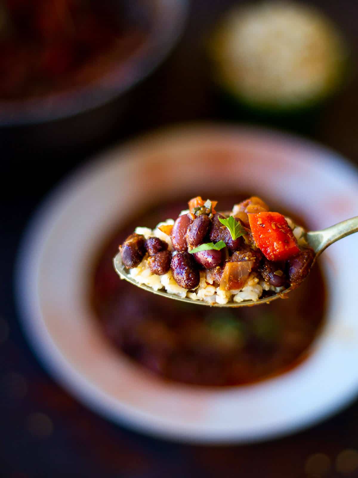spoonful with vegan bean chili.