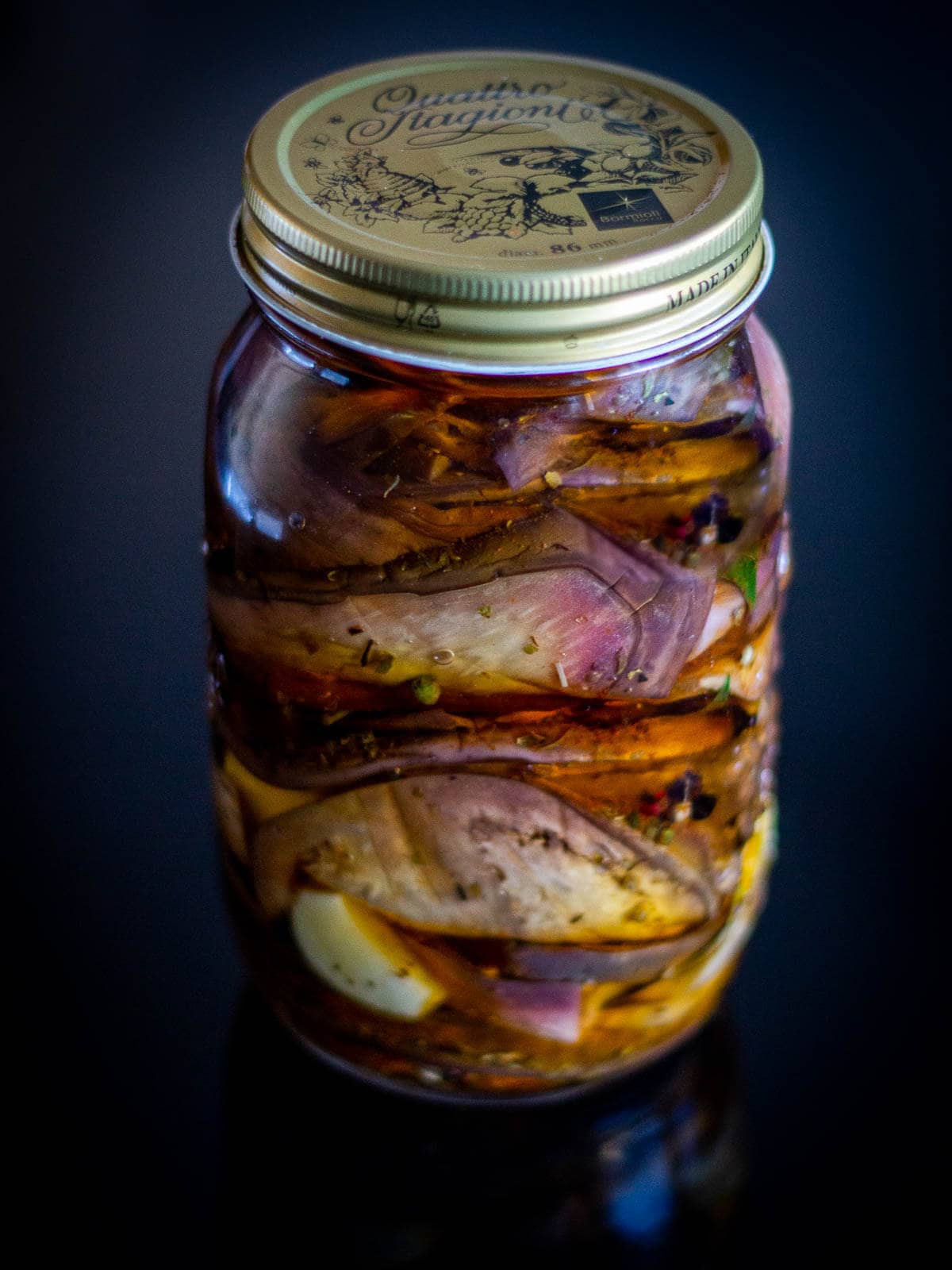 pickled eggplants canned and ready for consumption.