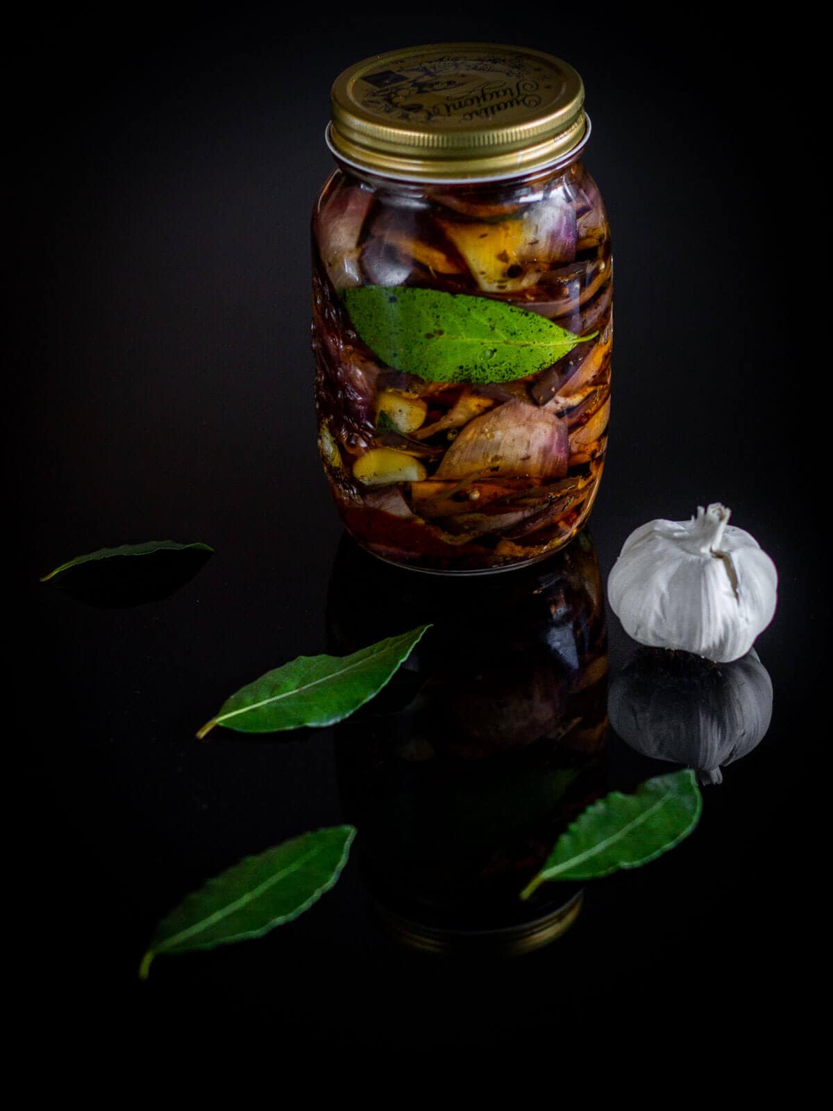 pickled eggplants in a canned jar.