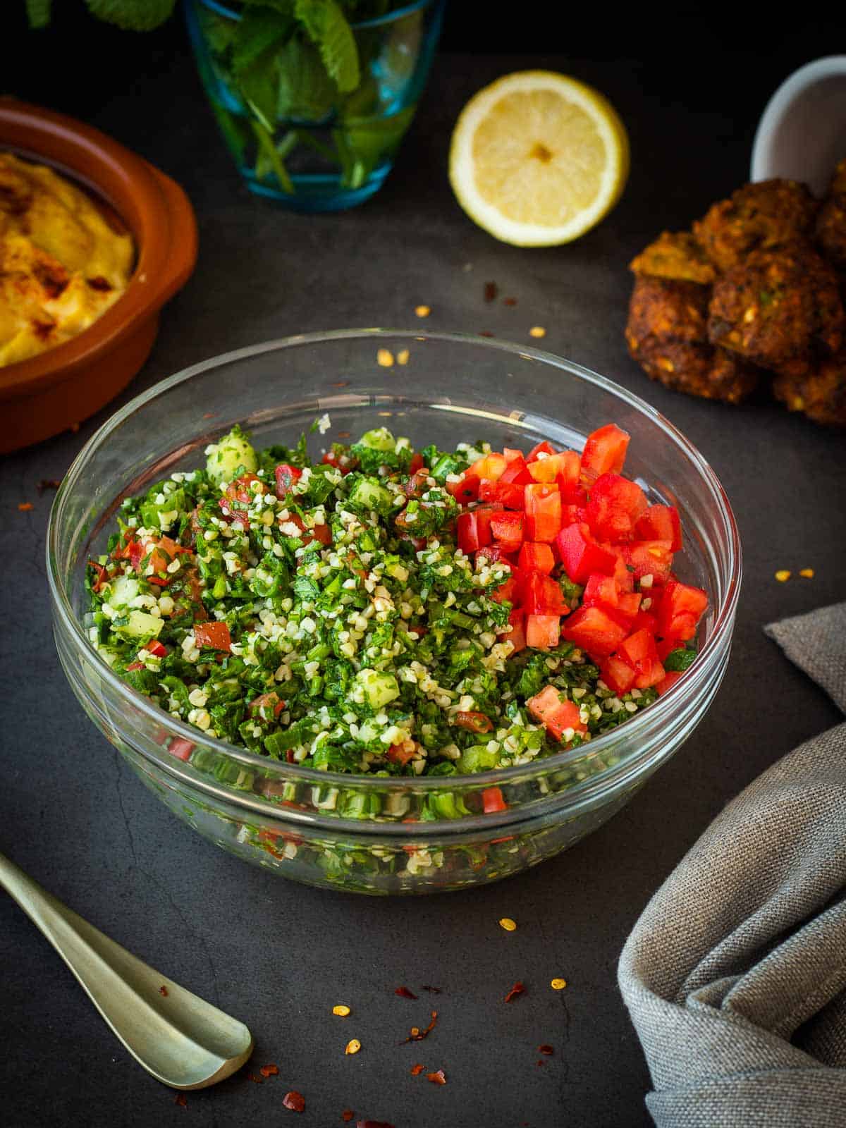 Tabbouleh Salad with Hummus served with Falafel.