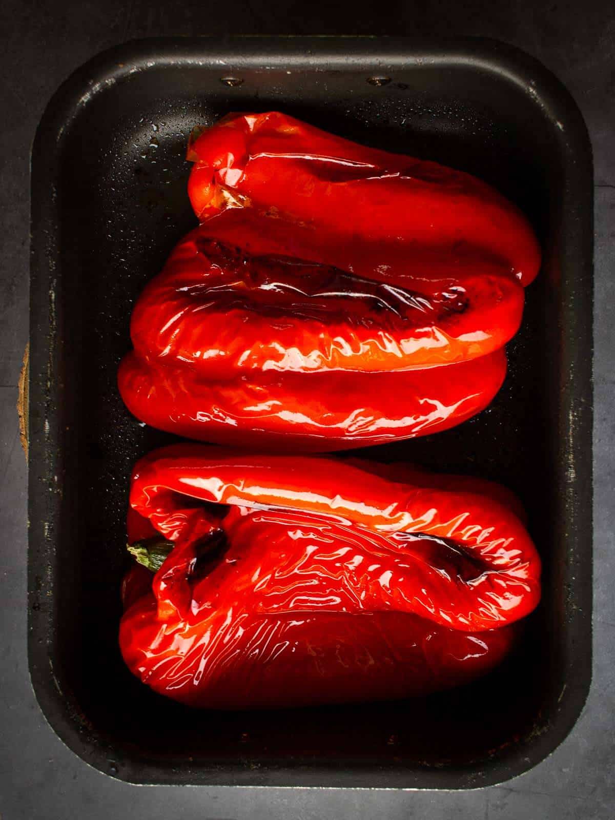 unpeeled blackened and roasted red-bell peppers