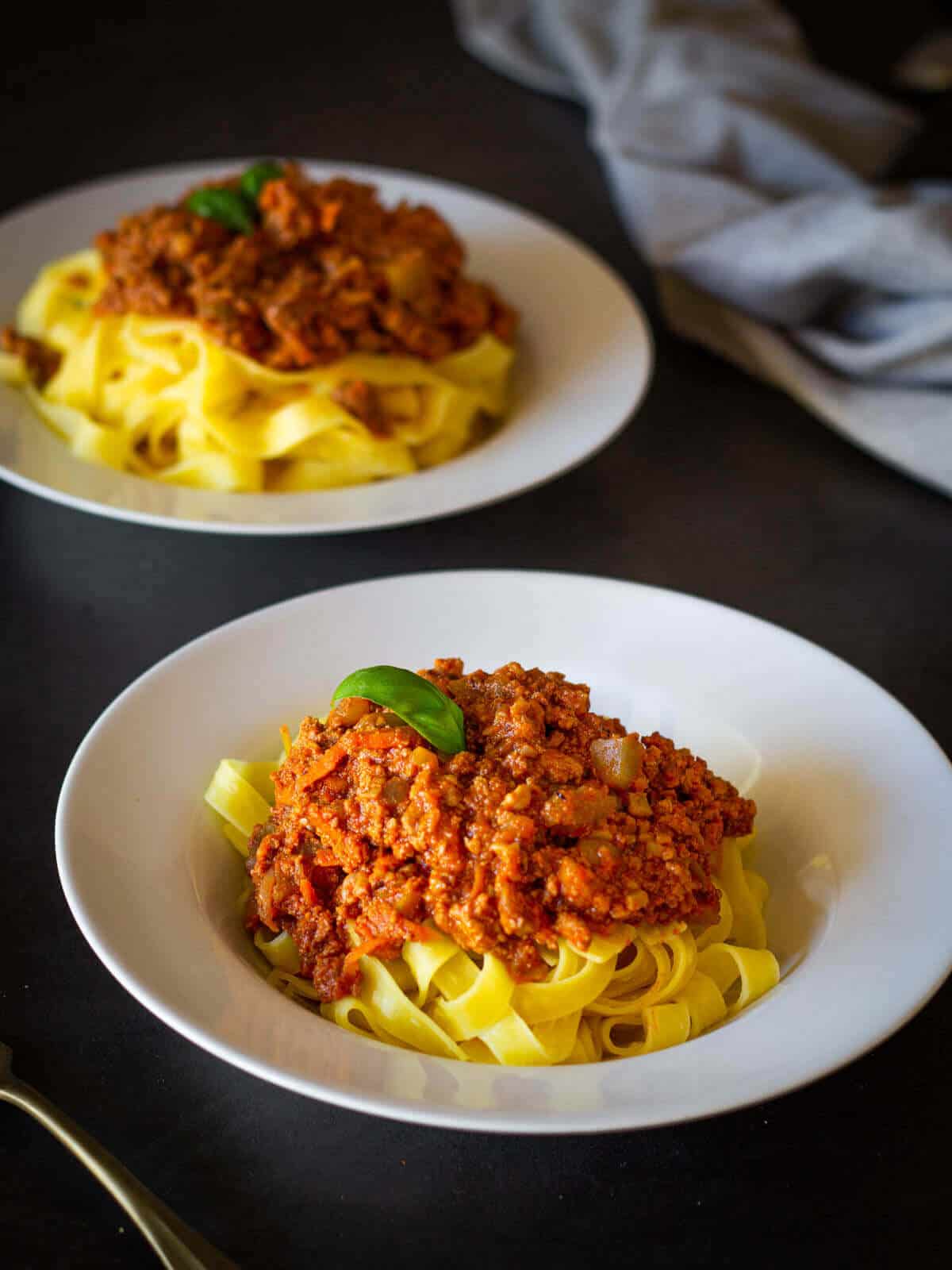 Vegetable Bolognese fettuccini plated.