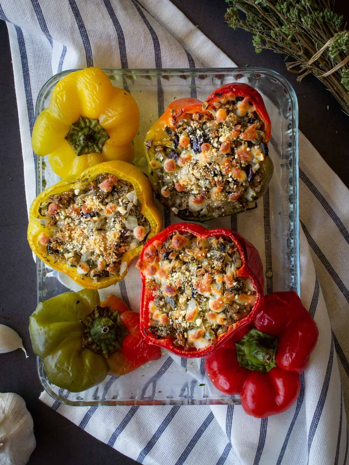 vegan stuffed peppers out of the oven