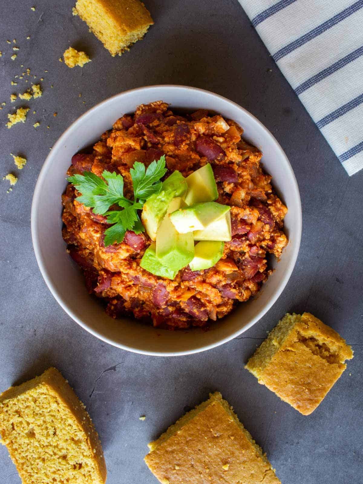 Vegan Gluten-Free Cornbread with Vegan Chili and avocado dice