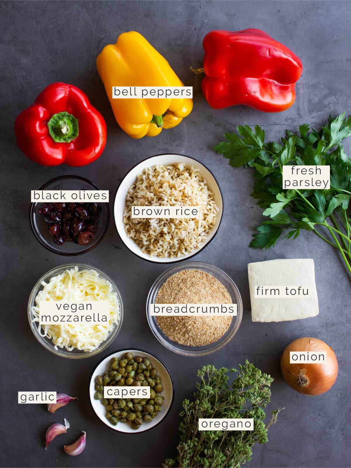 ingredients to make Vegan Tofu Stuffed Peppers with Rice.