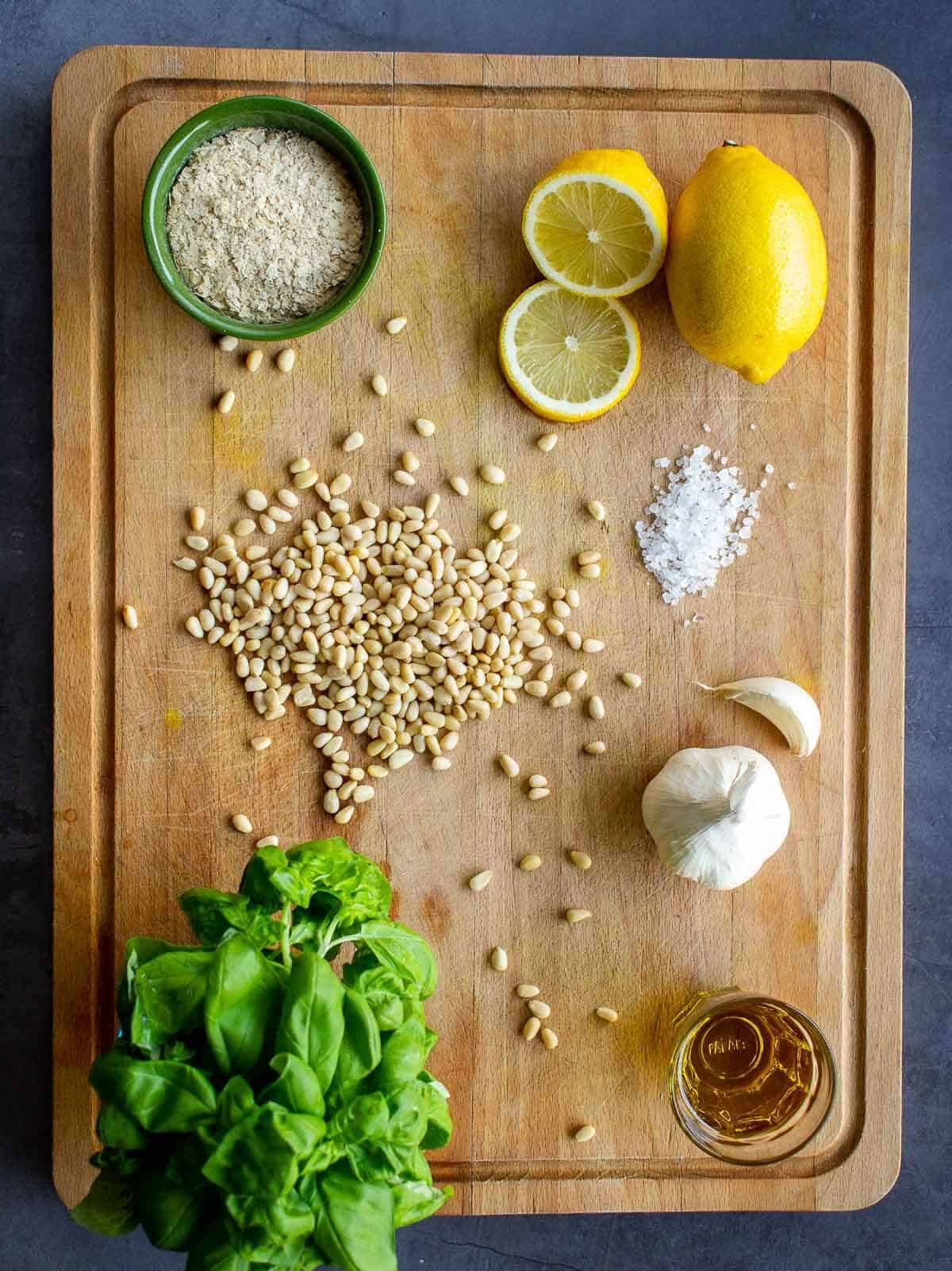 Ingredients to make vegan lemon basil pesto.