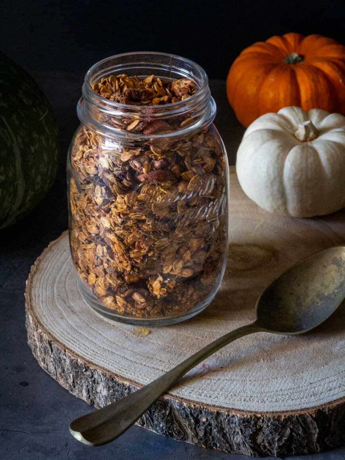 Pumpkin Maple Granola Recipe in mason jar
