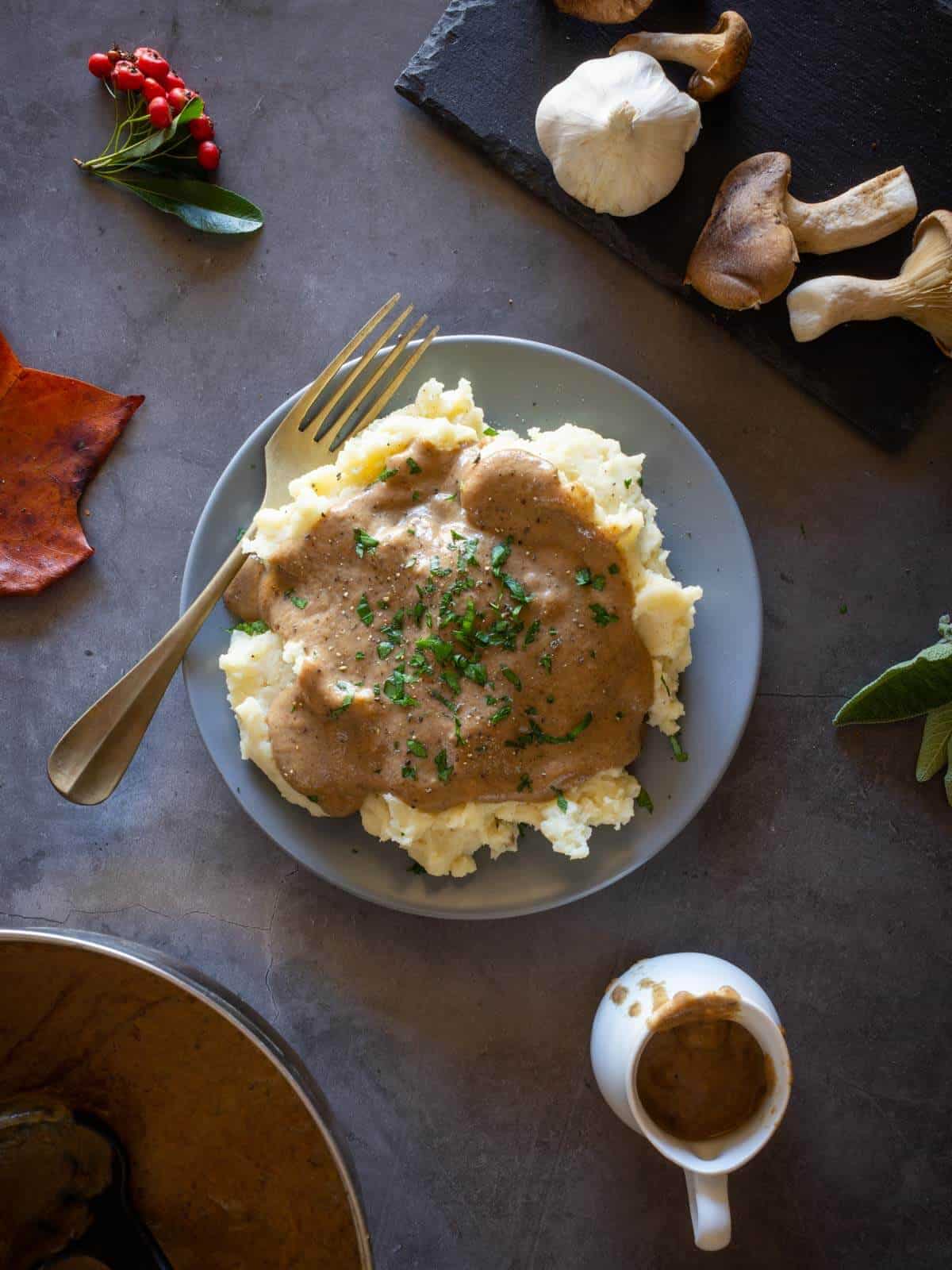 vegan mushroom gravy served with mashed potatoes