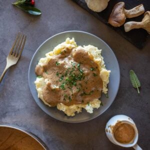 vegan mushroom gravy served with mashed potatoes