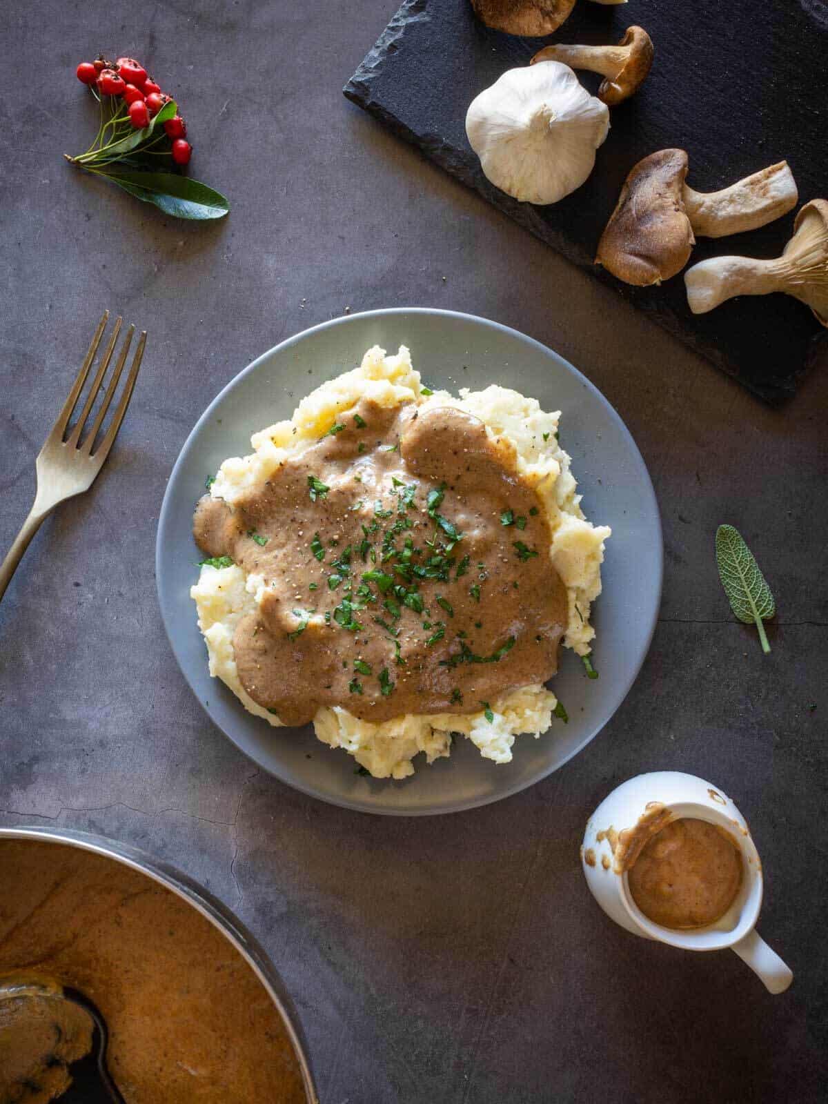 vegan mushroom gravy served with mashed potatoes.