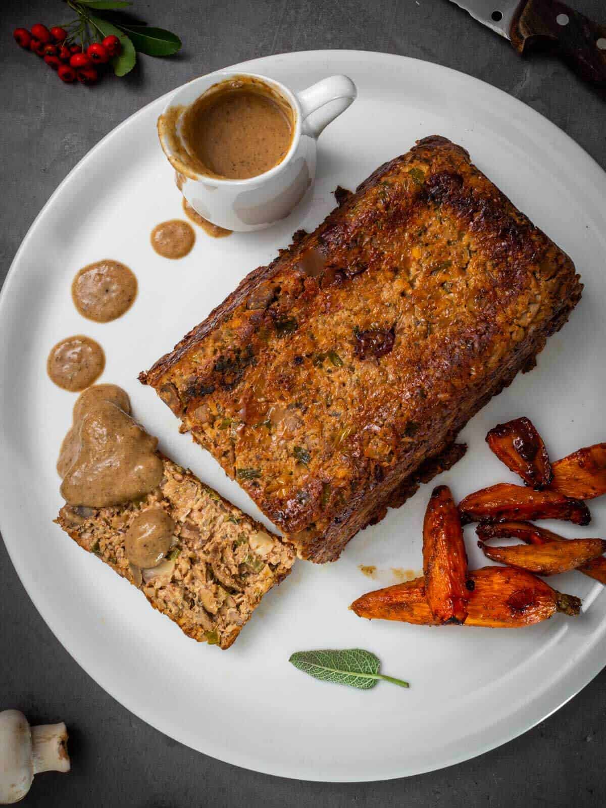 protein-packed  vegan roast with gravy and veggies
