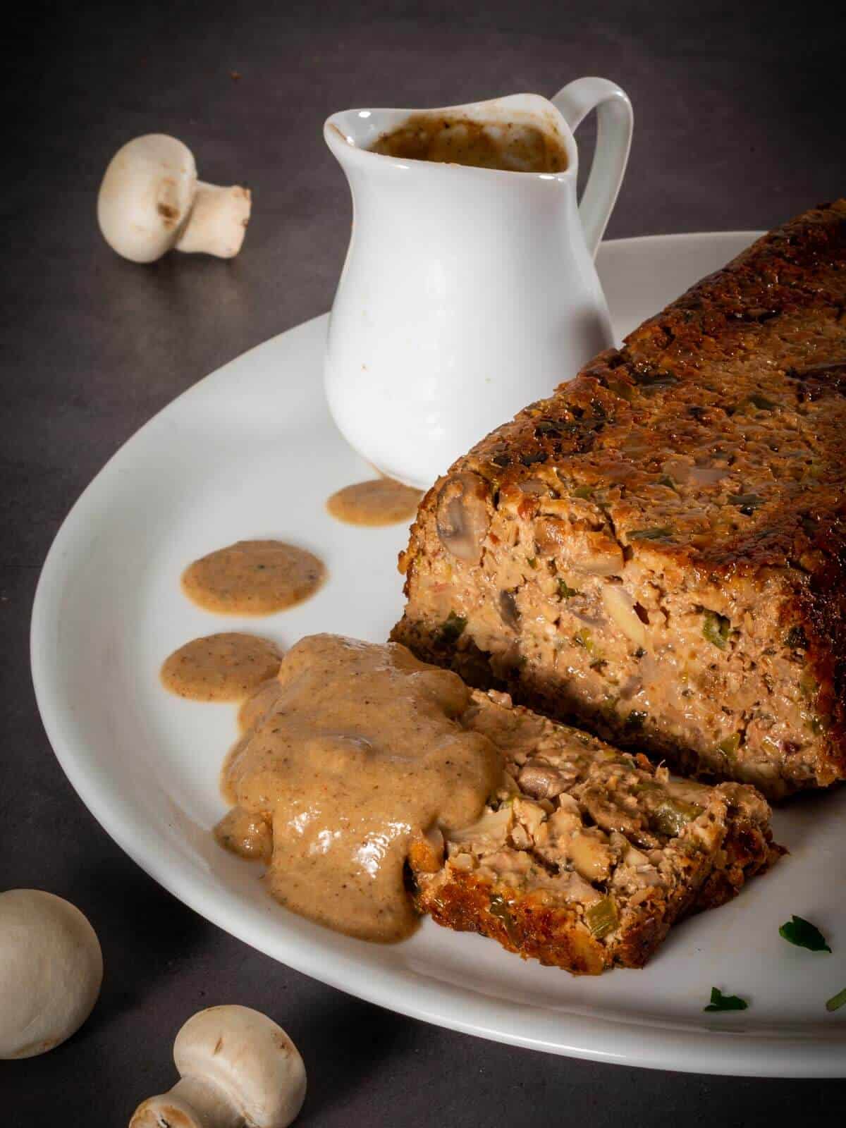 vegan mushroom gravy with nut roast.