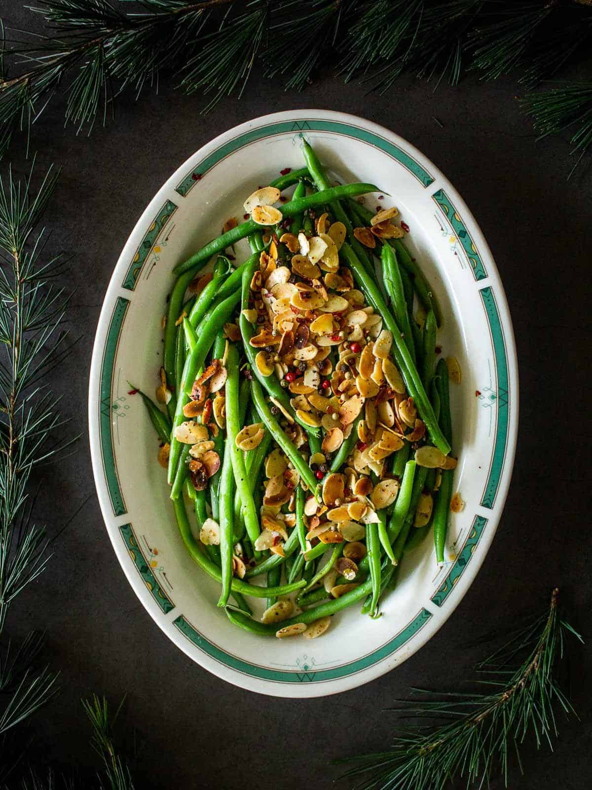 Green Beans With Almonds served on a Christmas table.