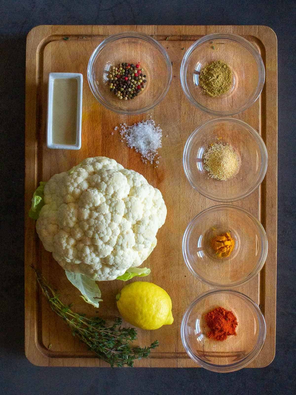 Spiced Roasted Cauliflower Ingredients on a wooden table.