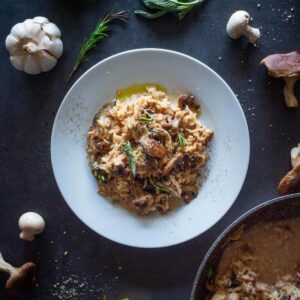 plated vegan mushroom risotto