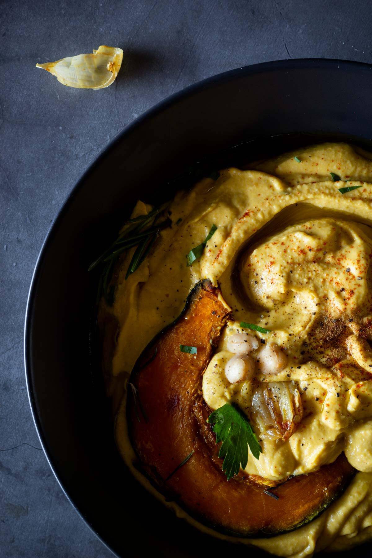 plated pumpkin hummus close-up.