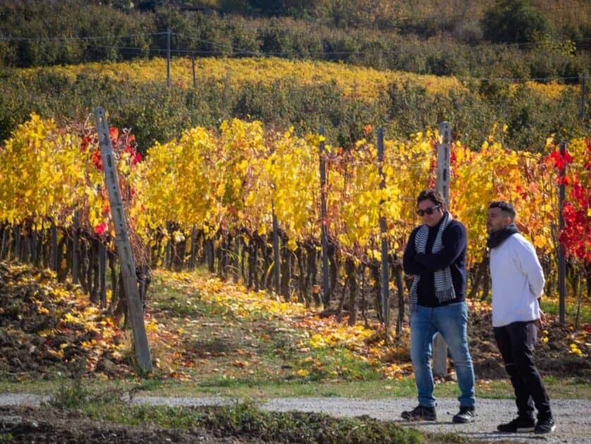 standing in front of wineyards barolo region italy