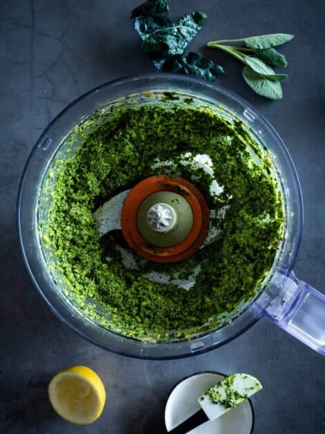 vegan sage and kale pesto in food processor