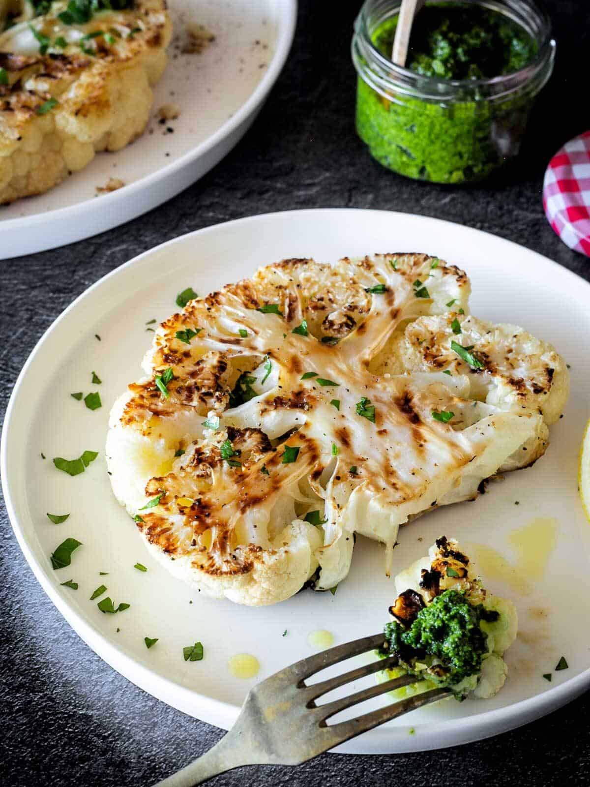 pesto kale with cauliflower stake