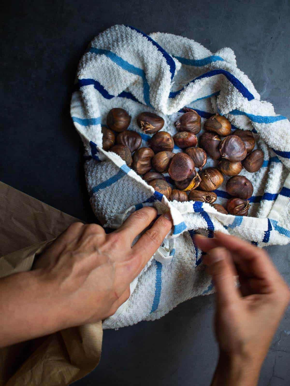 drying soaked chestnuts.