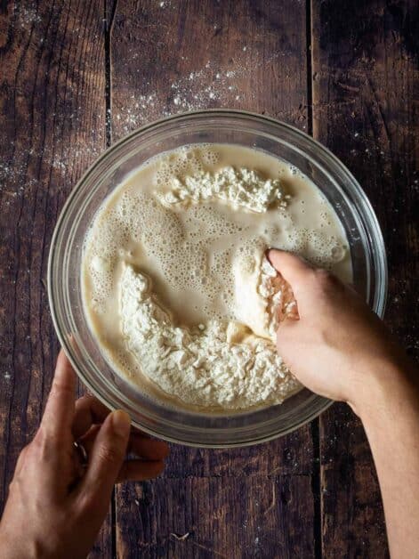 mix the flour with the yeast water to start kneading the bread loaf dough