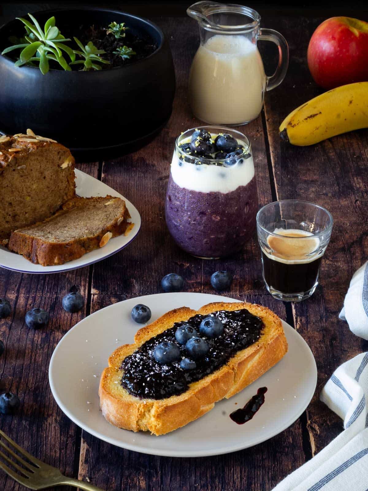 easy bread loaf slice with blueberry jam.