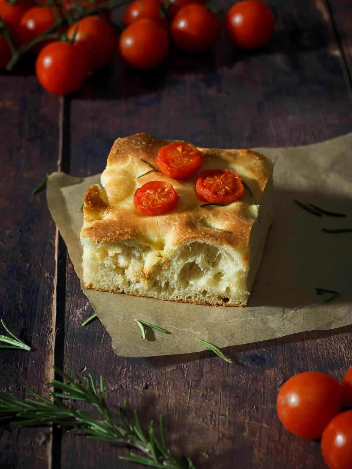 A portion of rosemary focaccia bread