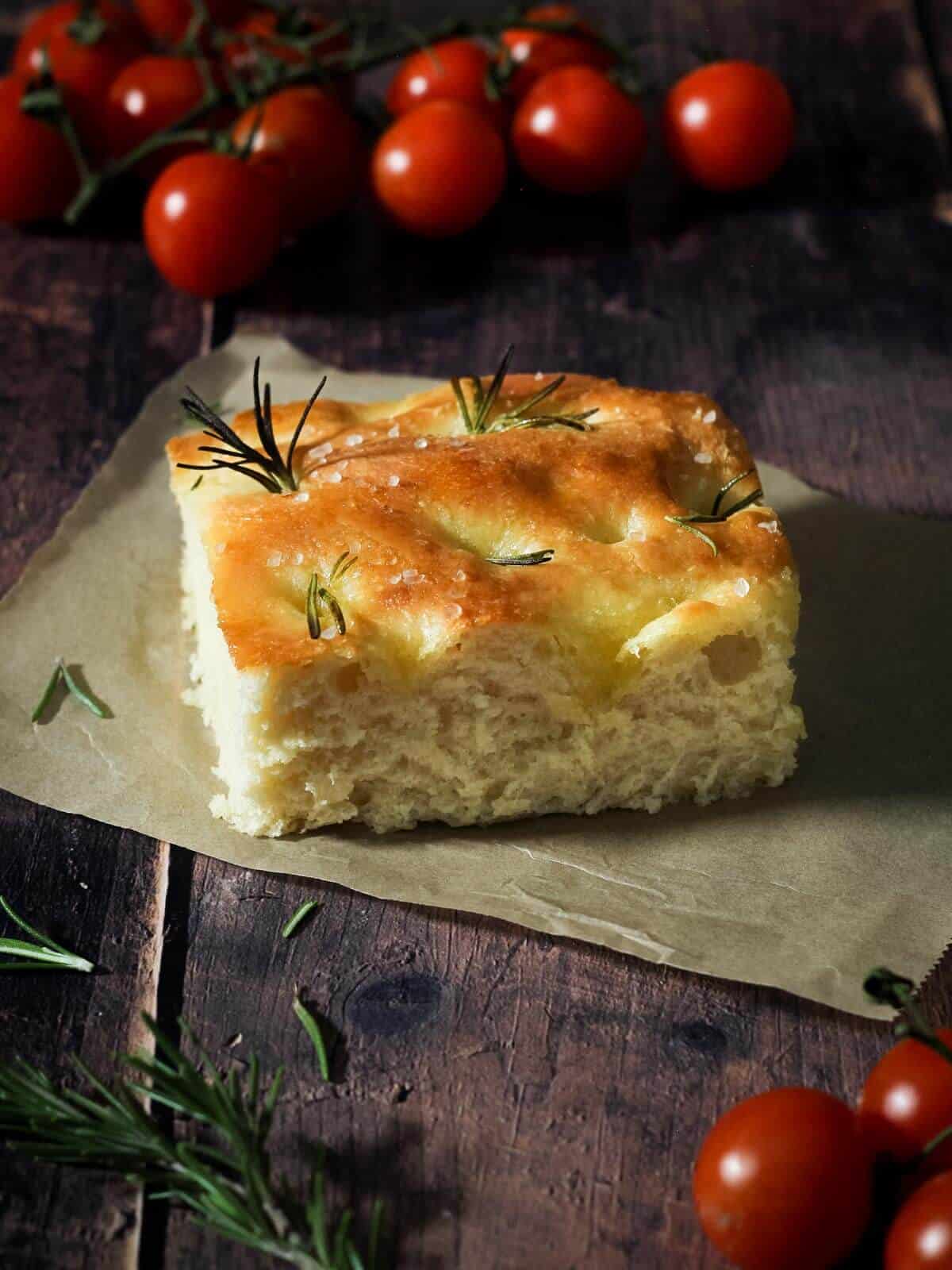 A portion of rosemary focaccia bread