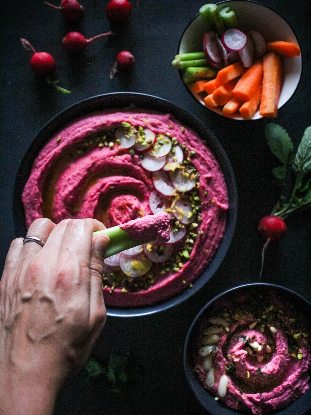 Lemon beet hummus recipe scoop