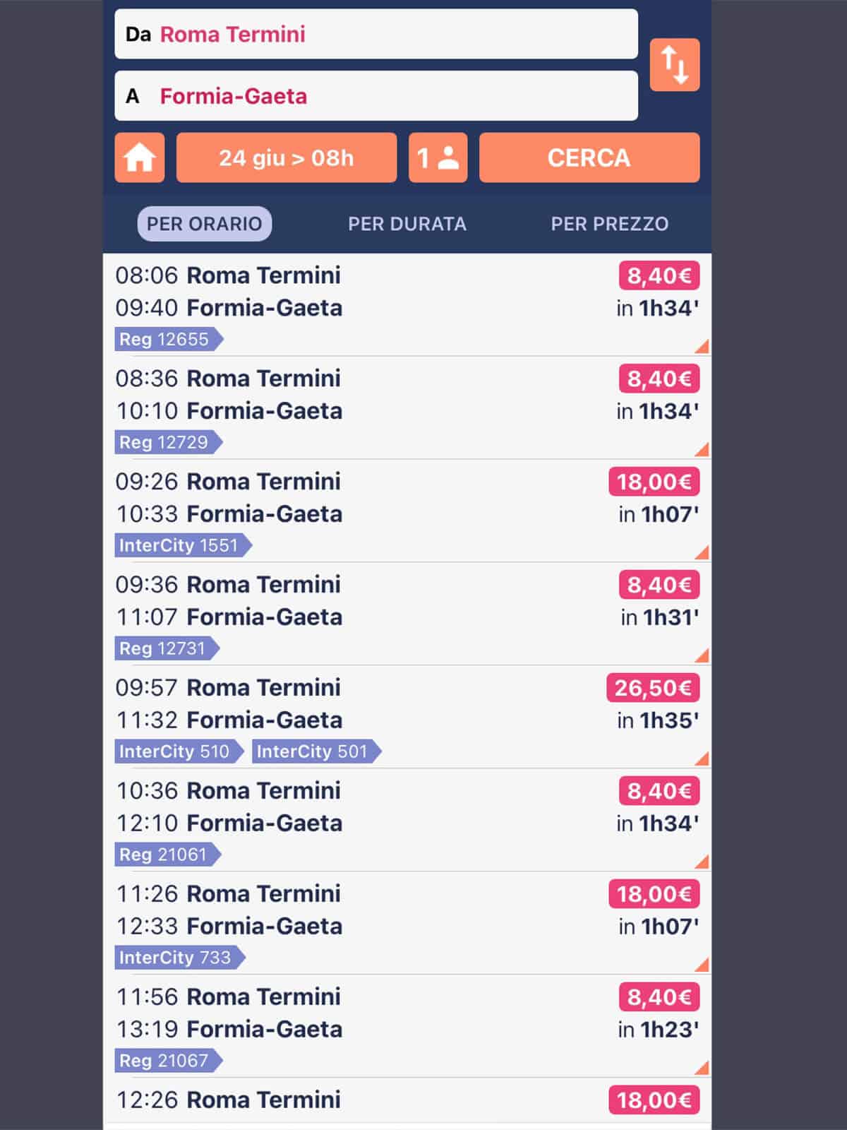 Roma-Gaeta Timetable