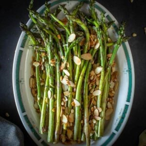 pan-grilled asparagus with flaked almonds.