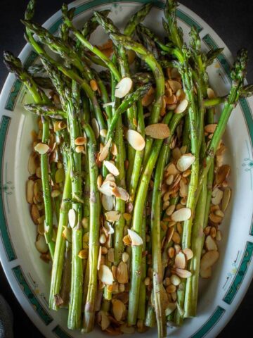 pan-grilled asparagus with flaked almonds.