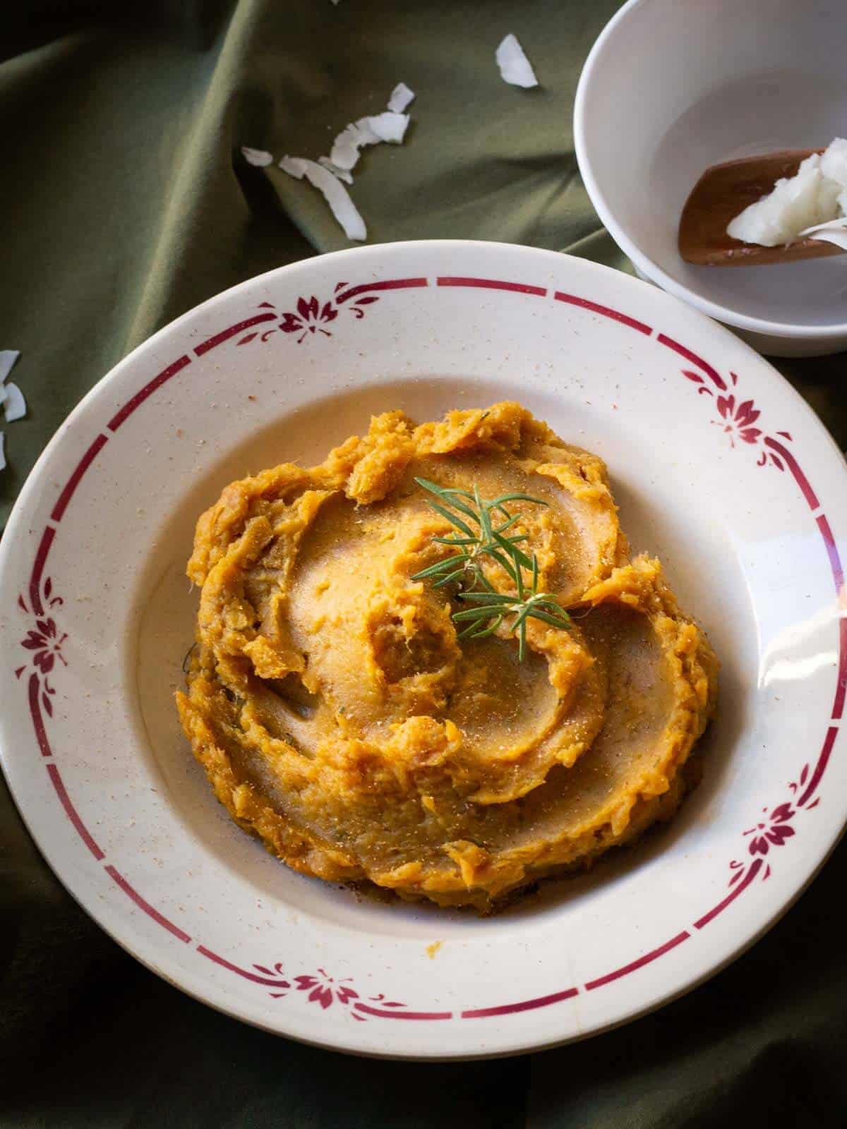 plated dish with coconut flakes.