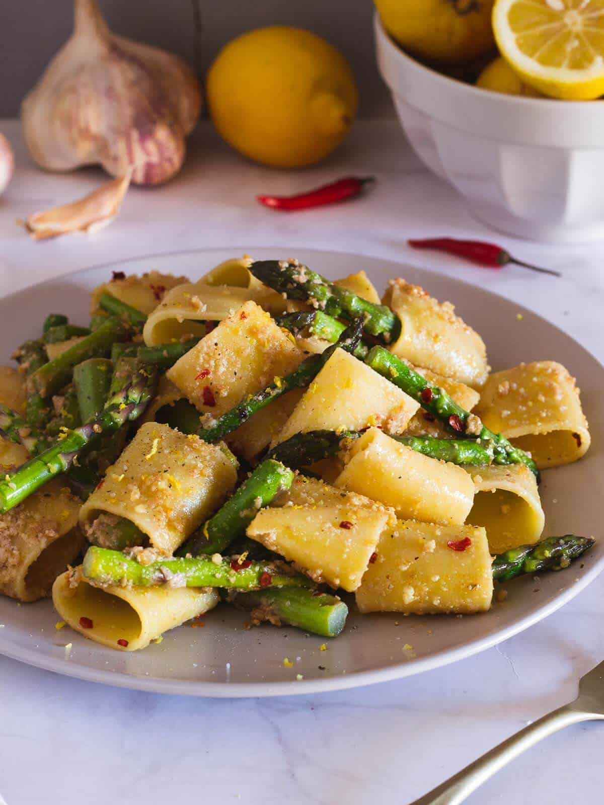 plated Italian asparagus pasta, 45º view