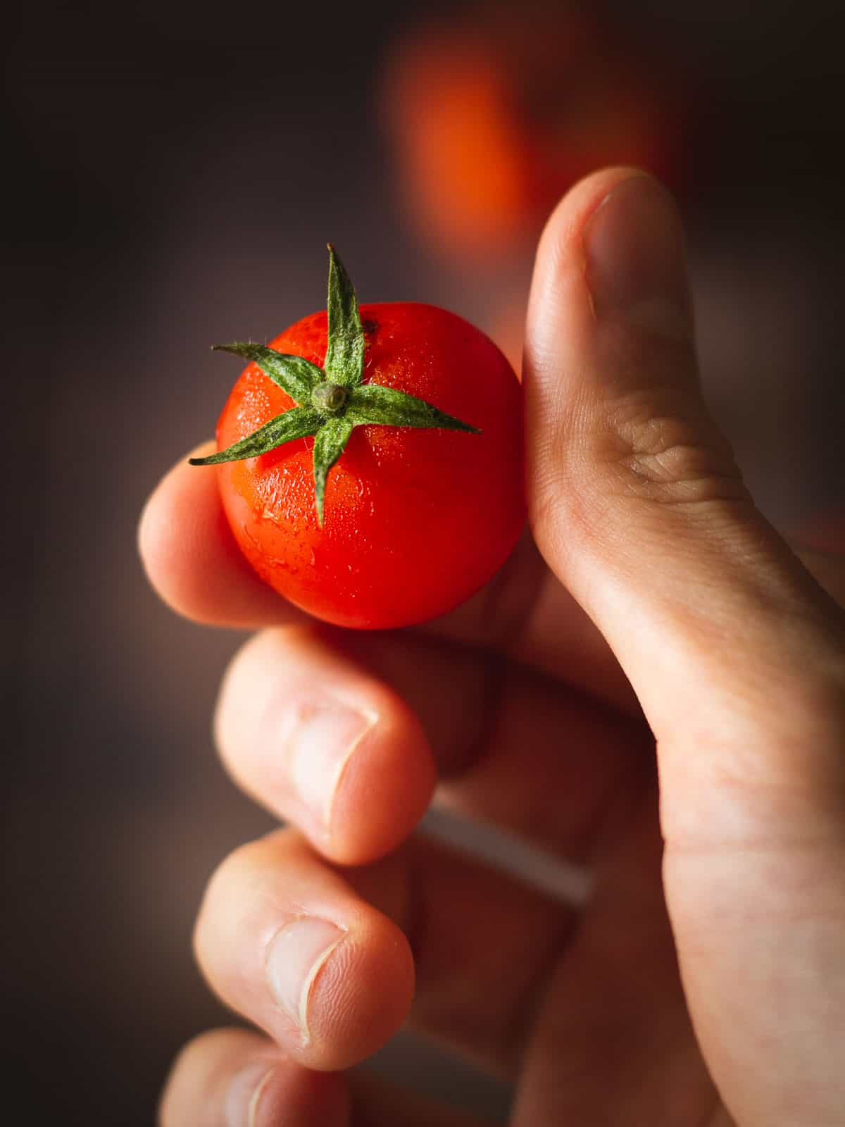 hand holding cherry tomatoes