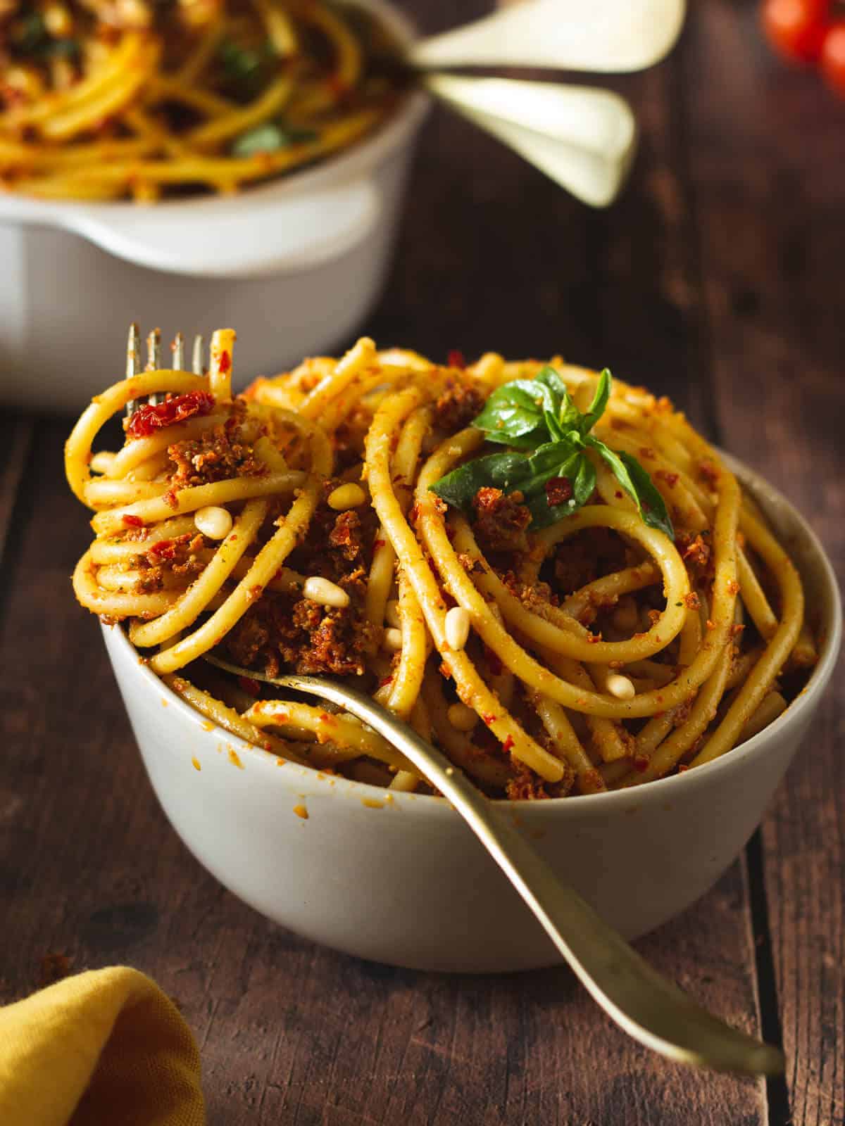 fork with sun-dried tomato pesto pasta