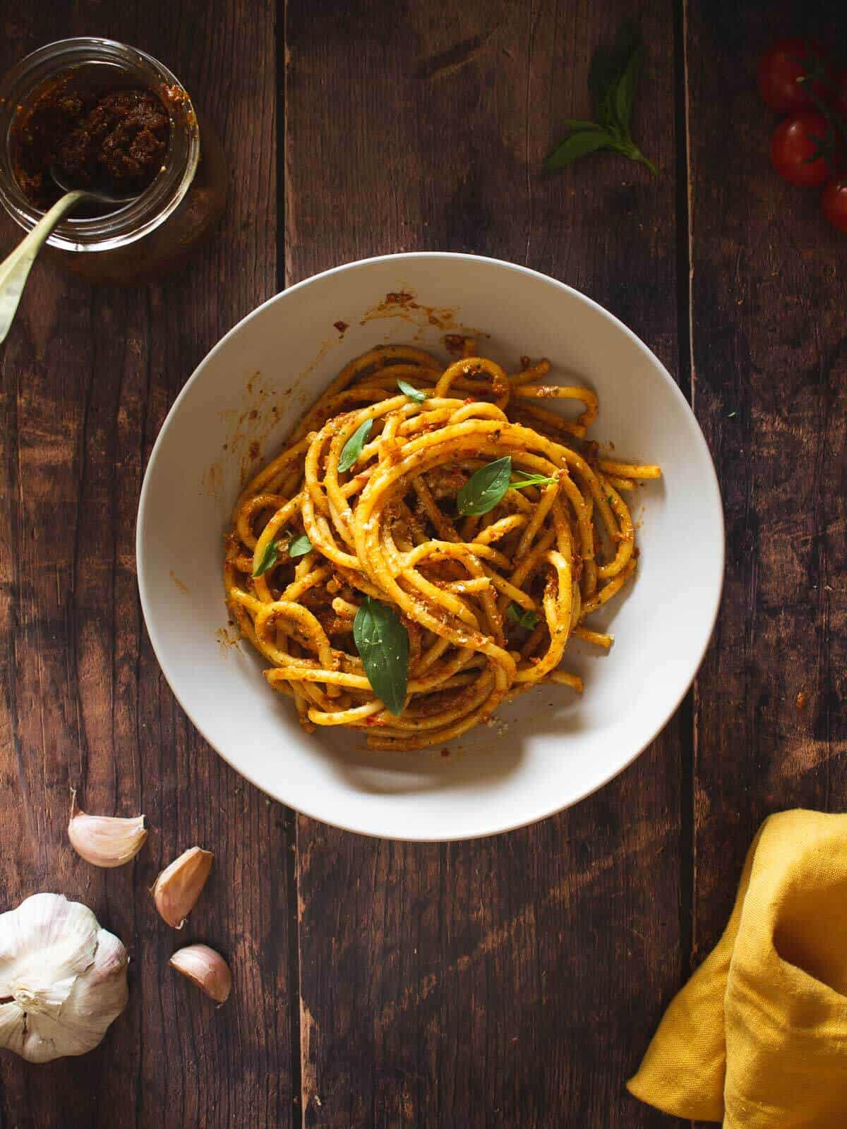 sun-dried tomato pesto pasta served in bowl