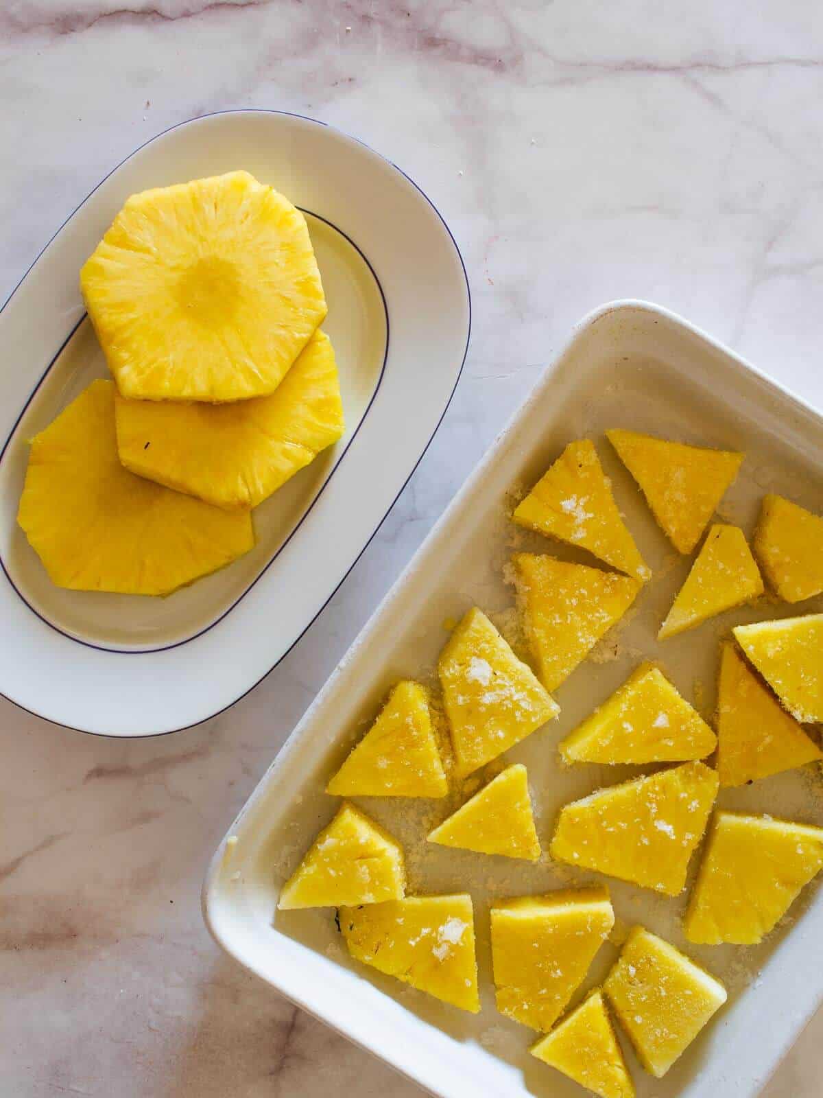 frozen and fresh pineapple in plates