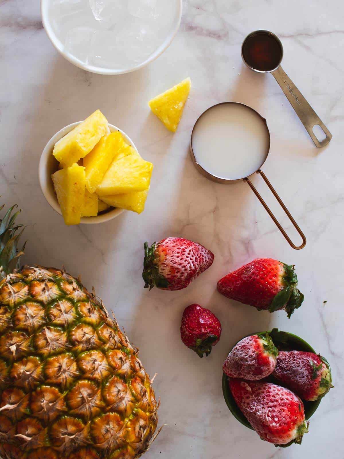 vegan pineapple strawberry smoothie measured ingredients