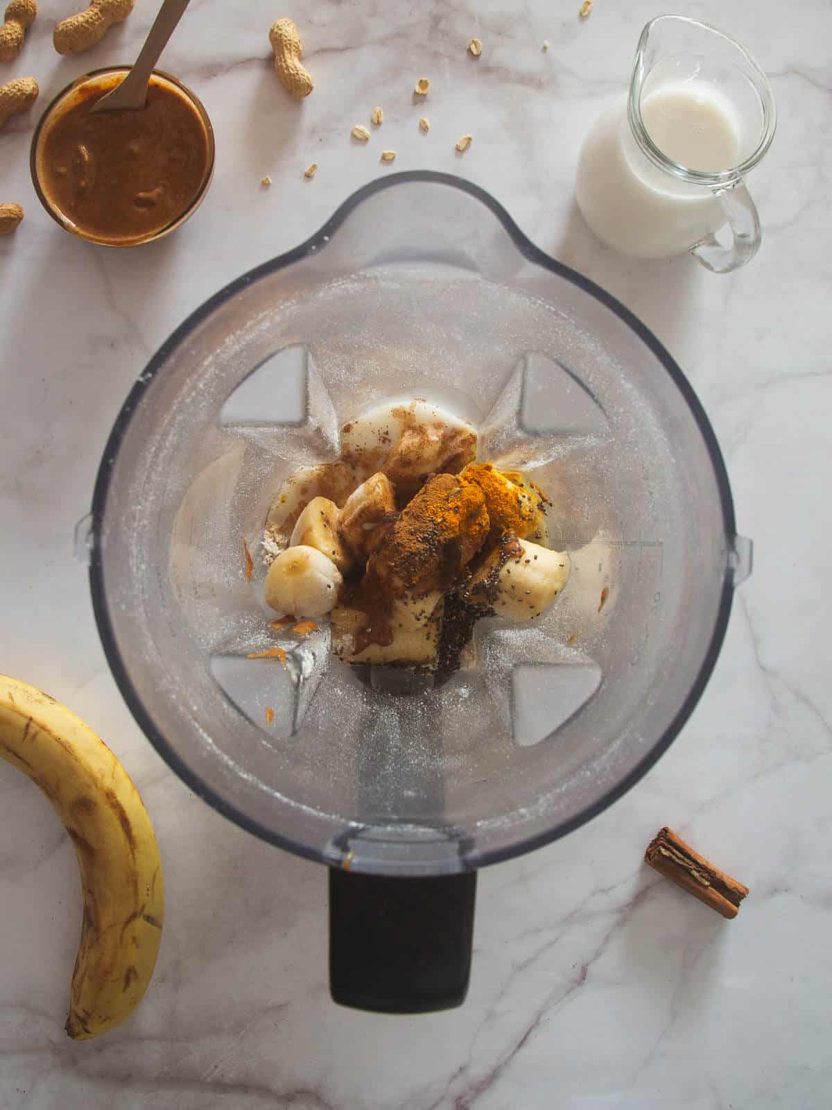 Banana Oatmeal Breakfast Smoothie ingredients in blender