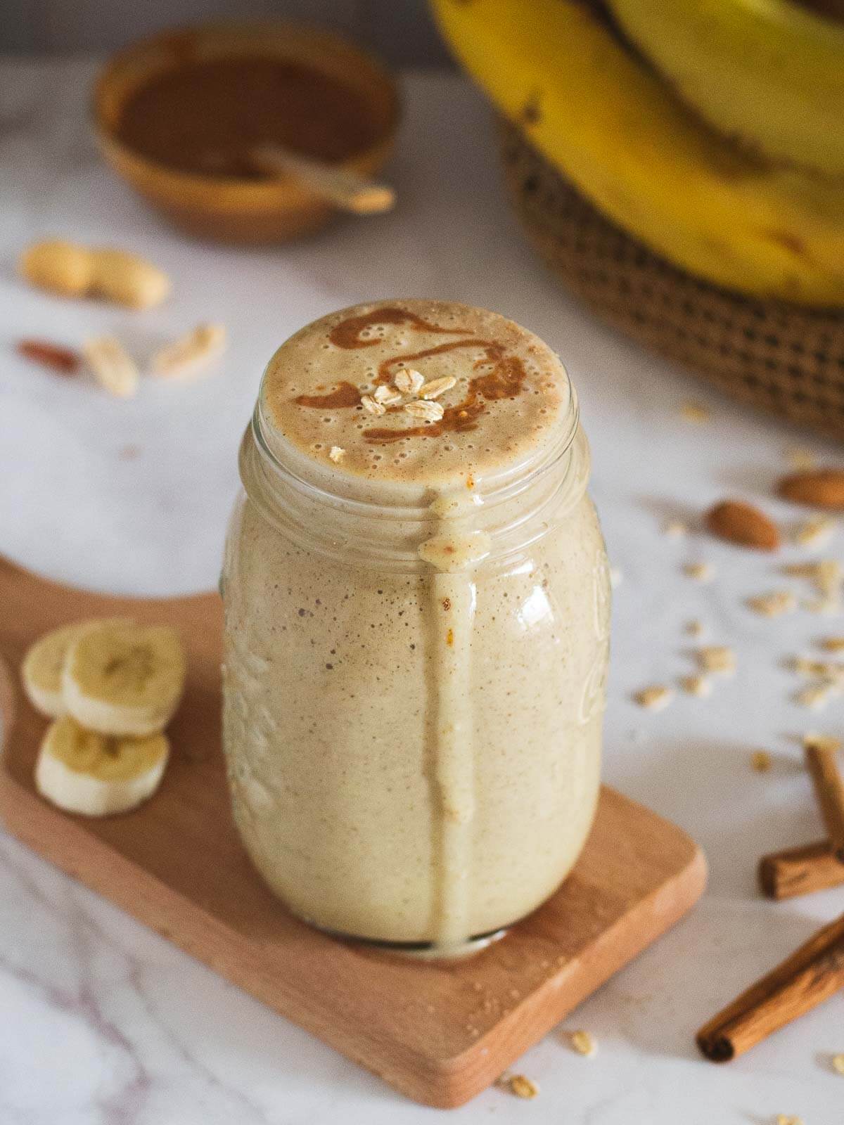 oat milk smoothie with peanut butter and bananas