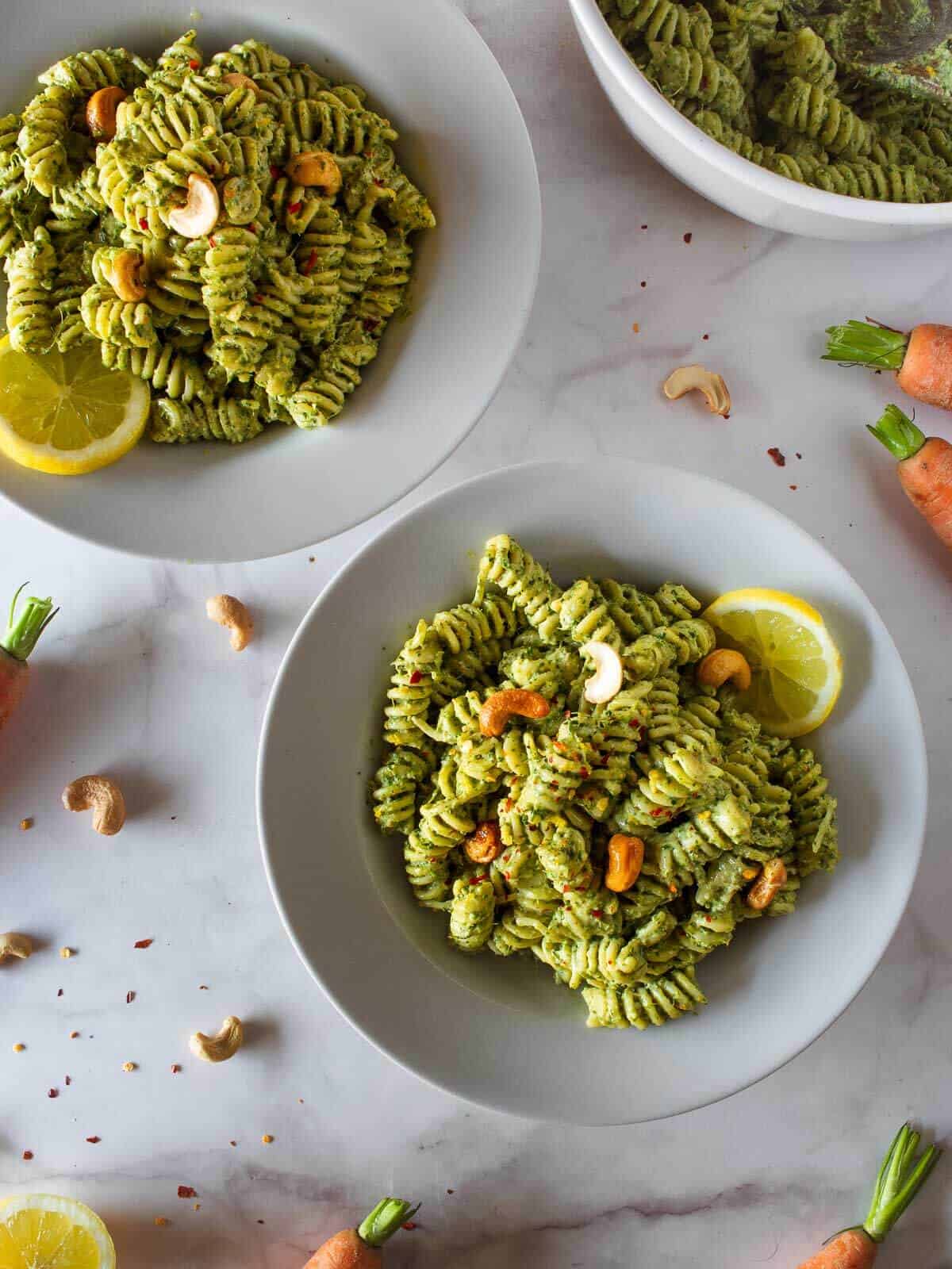 served carrot greens pesto pasta salad