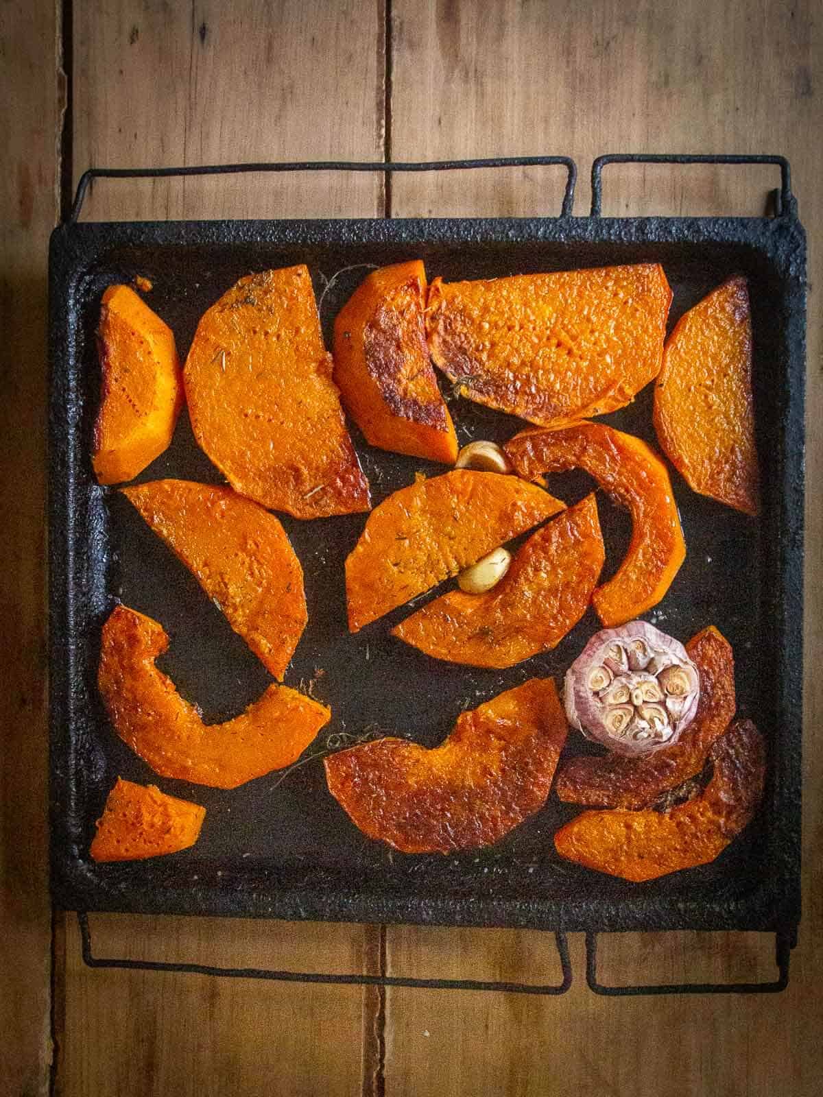 roasted butternut squash in tray.