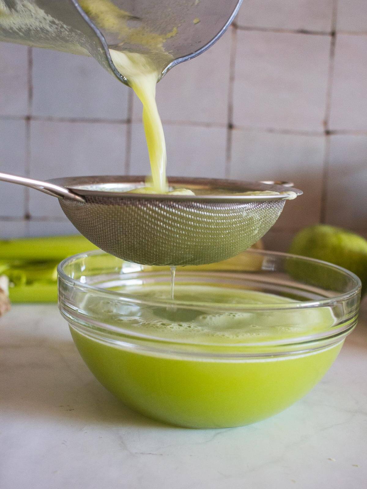 pass the celery juice through a fine mesh sieve