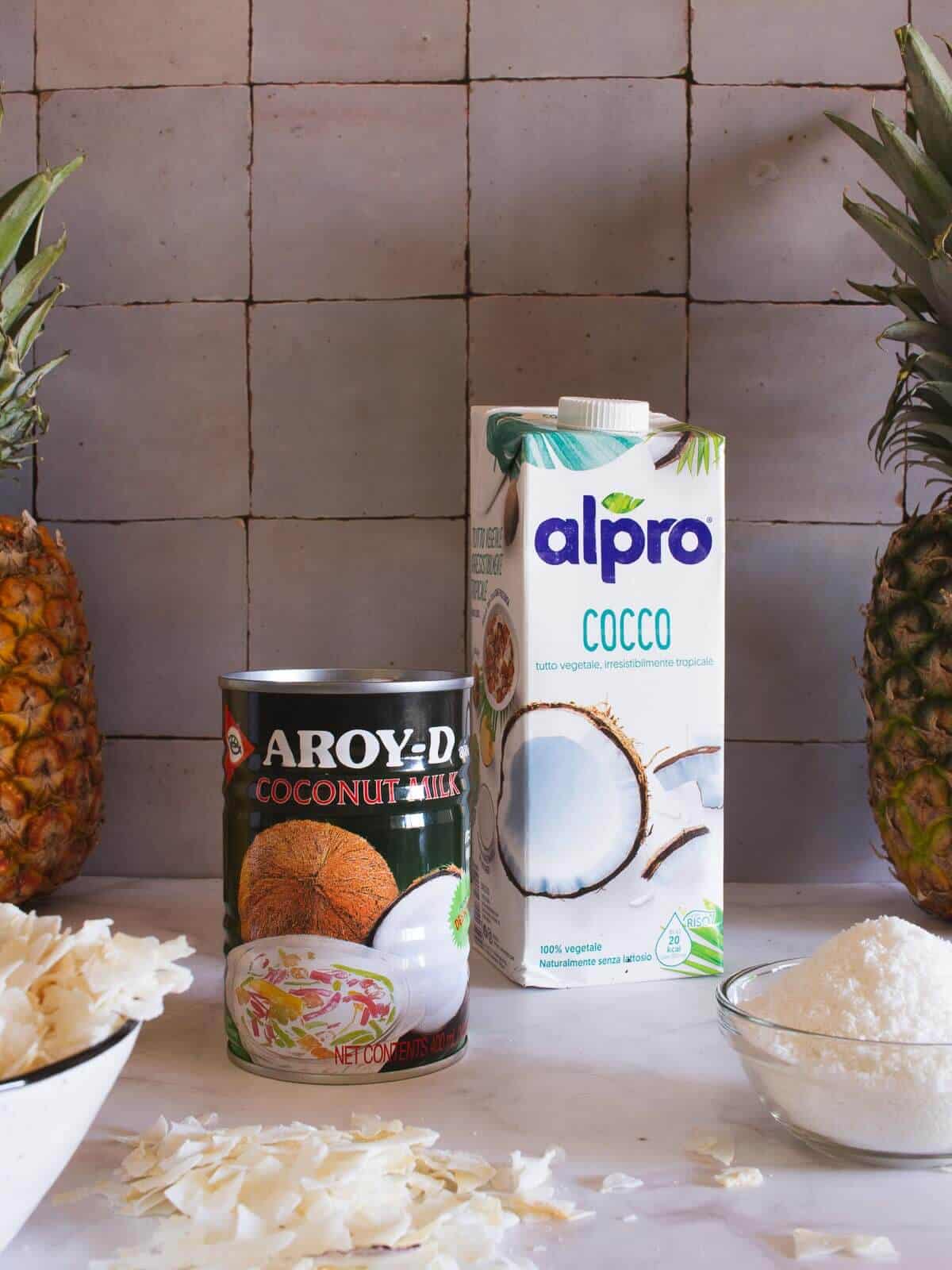 full-fat coconut milk next to light coconut milk in marble table